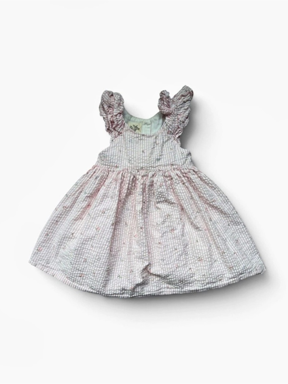 Girls Striped Ruffle Sleeve Dress in Pink & White